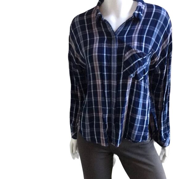 Sanctuary Plaid Button Down Shirt with Tie Back Blue Pink Women's Size Medium - Picture 1 of 9